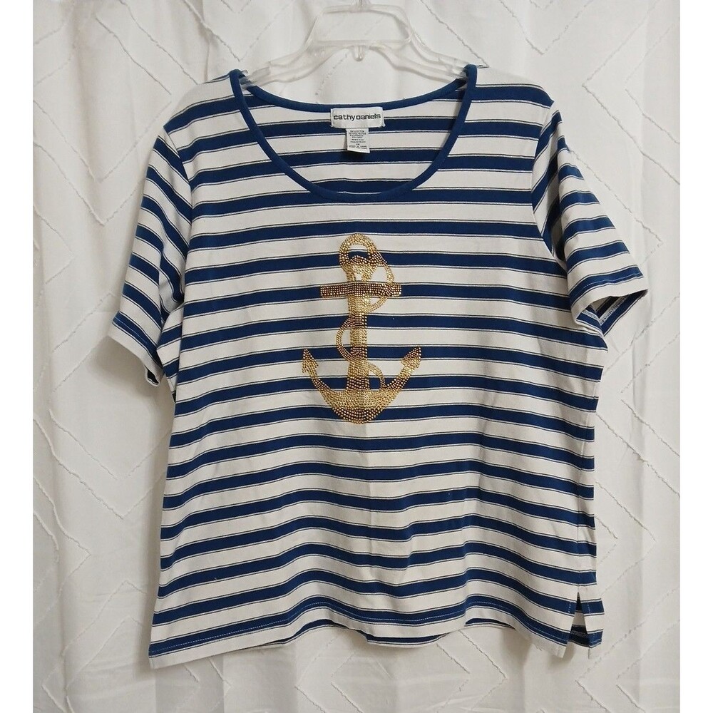Cathy Daniels Nautical Pullover Stripe Top Sz 1X Anchor Design